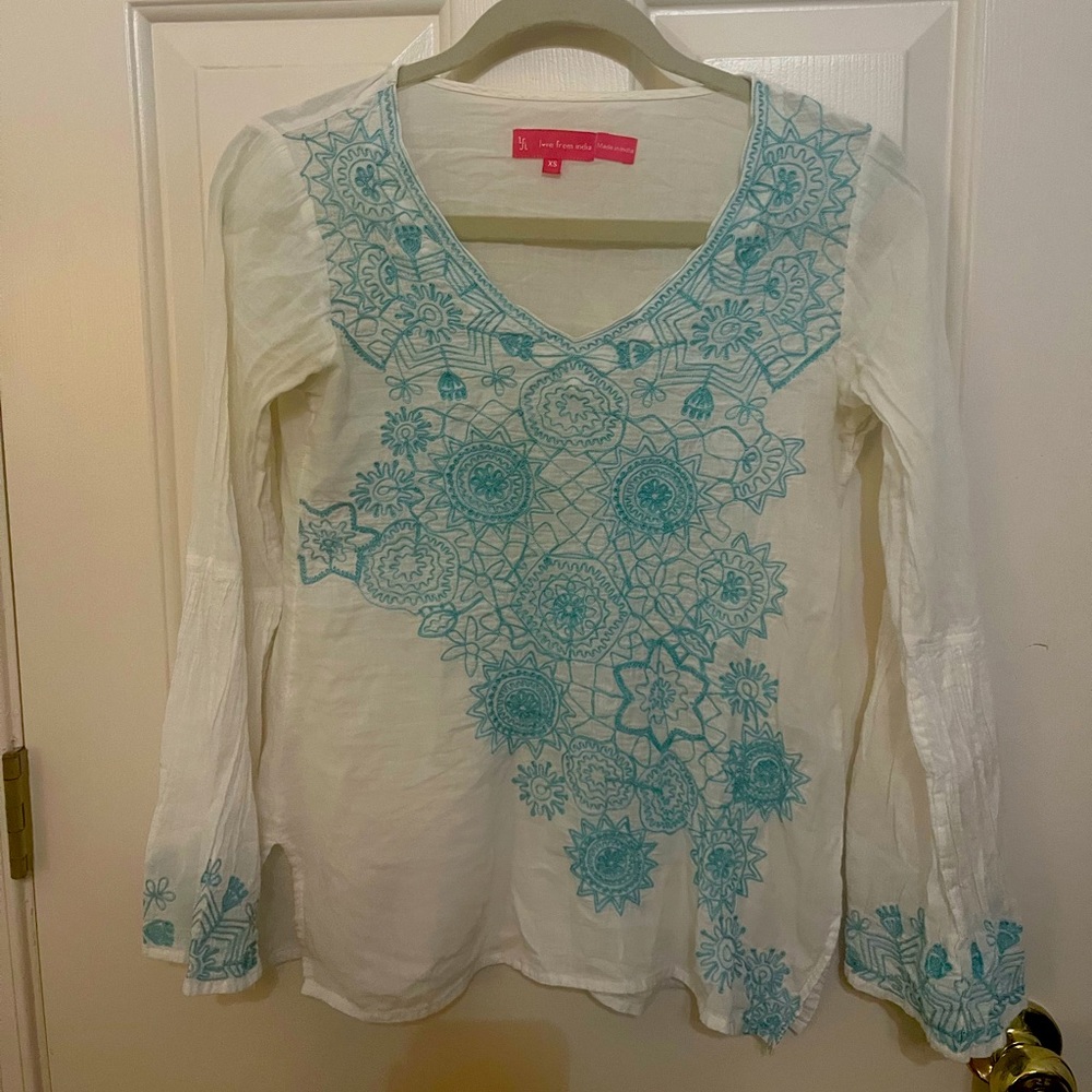 Linen cover up top tunic white blue xs 0 2 anthropology urban outfitters